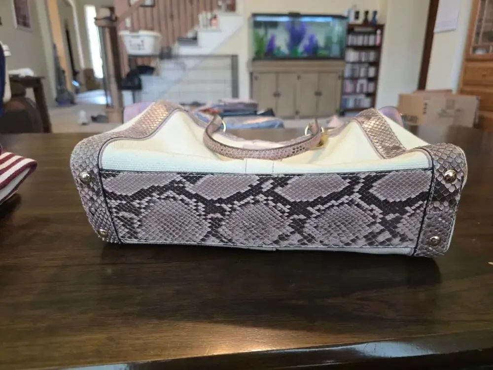 Coach Canvas and Snakeskin Trim Boxy Tote Handbag